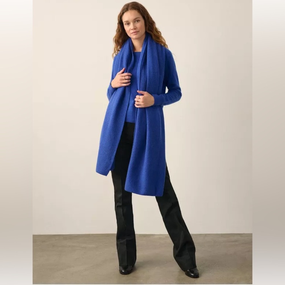 White + Warren Admiral Blue Cashmere Waffle Scarf 20590 - Picture 2 of 6